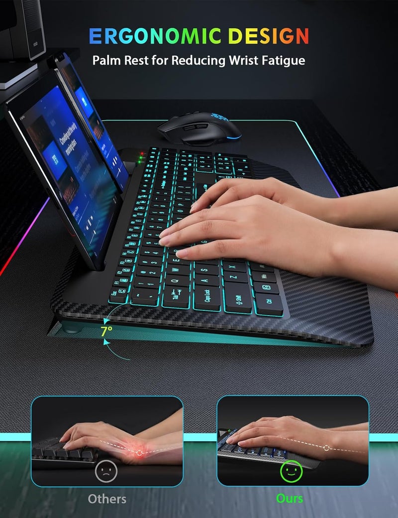 SABLUTE Wireless Keyboard and Mouse Backlits, Wrist Rest, LED Mouse, Rechargeable Ergonomic Keyboard with Phone Holder, Silent Light Up Combo for Computer, Mac, PC, Laptop, Chromebook (Black) - Image 3